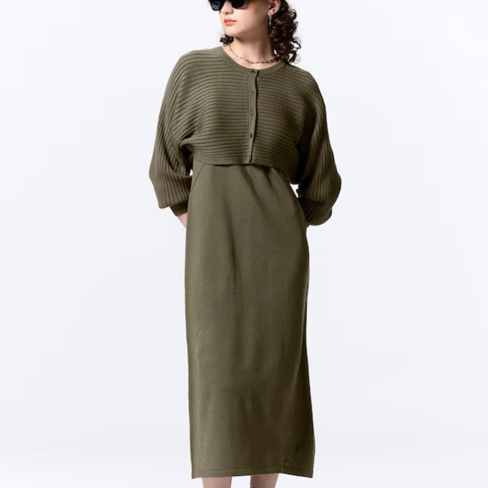 Gu sister brand of Uniqlo Olive Sweater cardigan with midi Sweater Dress